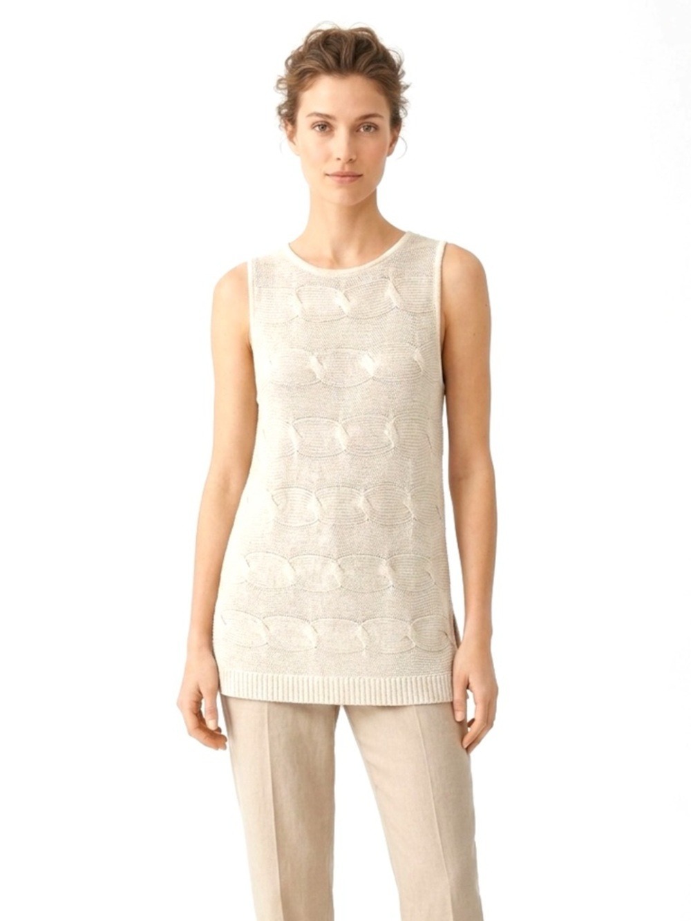 TALBOTS 100% Linen Sleeveless Cable Knit Sweater Lightweight and Breathable Sz L